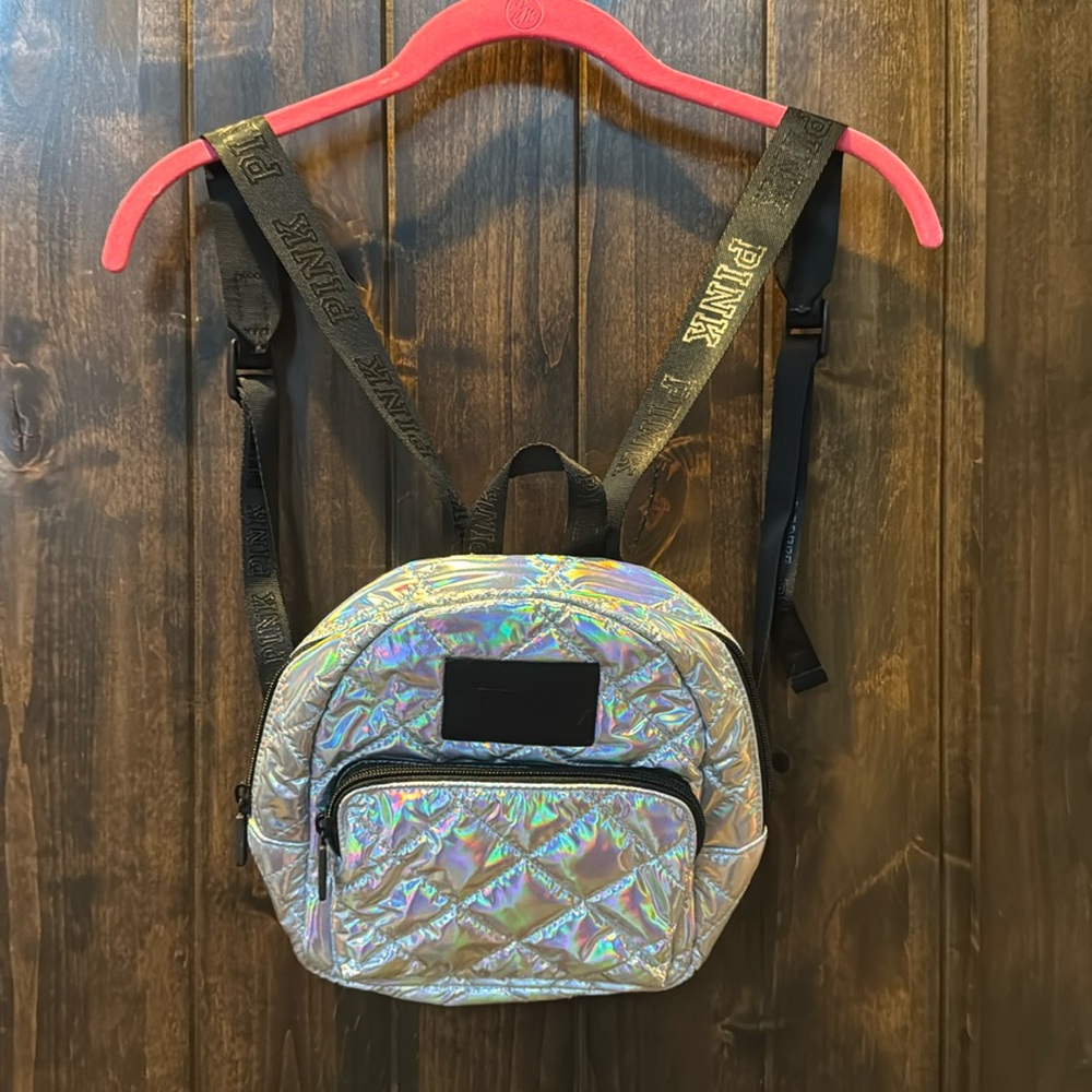 NWOT Victoria’s Secret Pink silver hologram puff small backpack